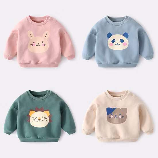 Suéter de cuello redondo para niños Ropa infantil Suéter de dibujos animados Ropa en blanco para niños Ropa para niños Ropa en blanco Tejido de algodón Personalización de logotipos en la ropa 